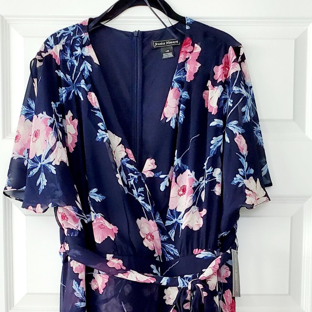 Jessica Howard blue floral dress faux wrap hi-lo